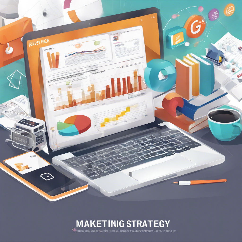 A digital marketing strategy chart with online course elements, including a laptop and course content.